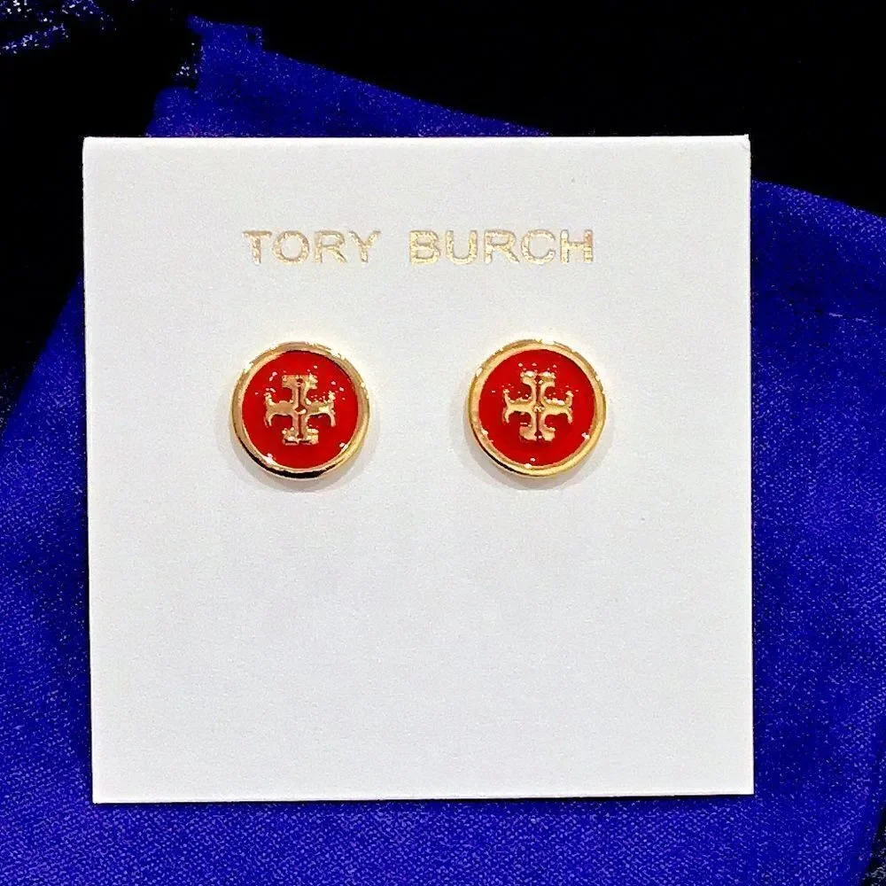 TORY BURCH KIRA RED CIRCLE STUD EARRINGS DOUBLE T LOGO